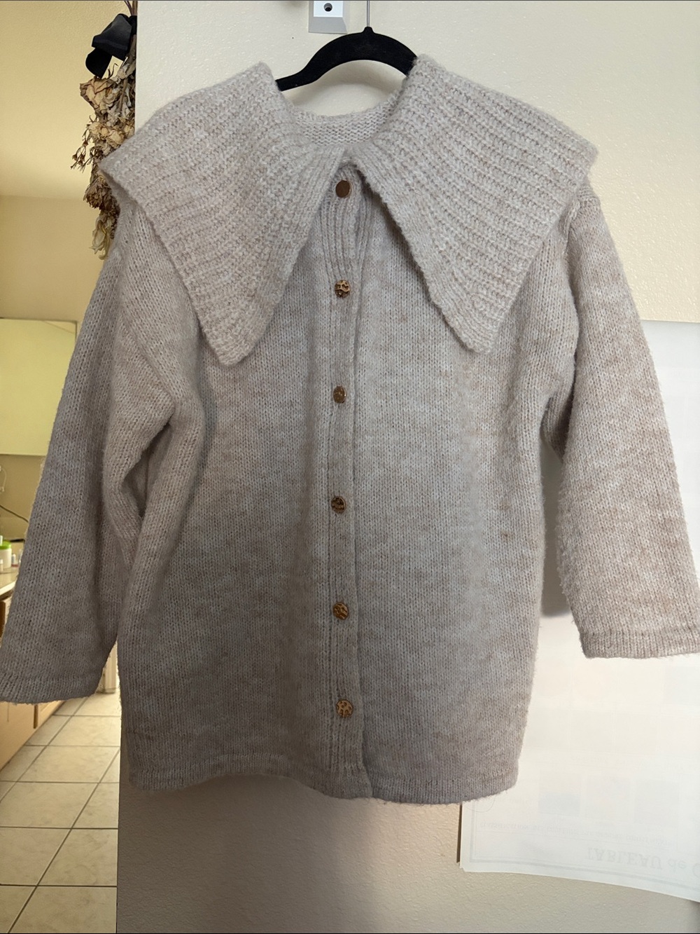 Japanese Brand GRL Neutral Cream Knit Button-Up Sweater with Statement Collar